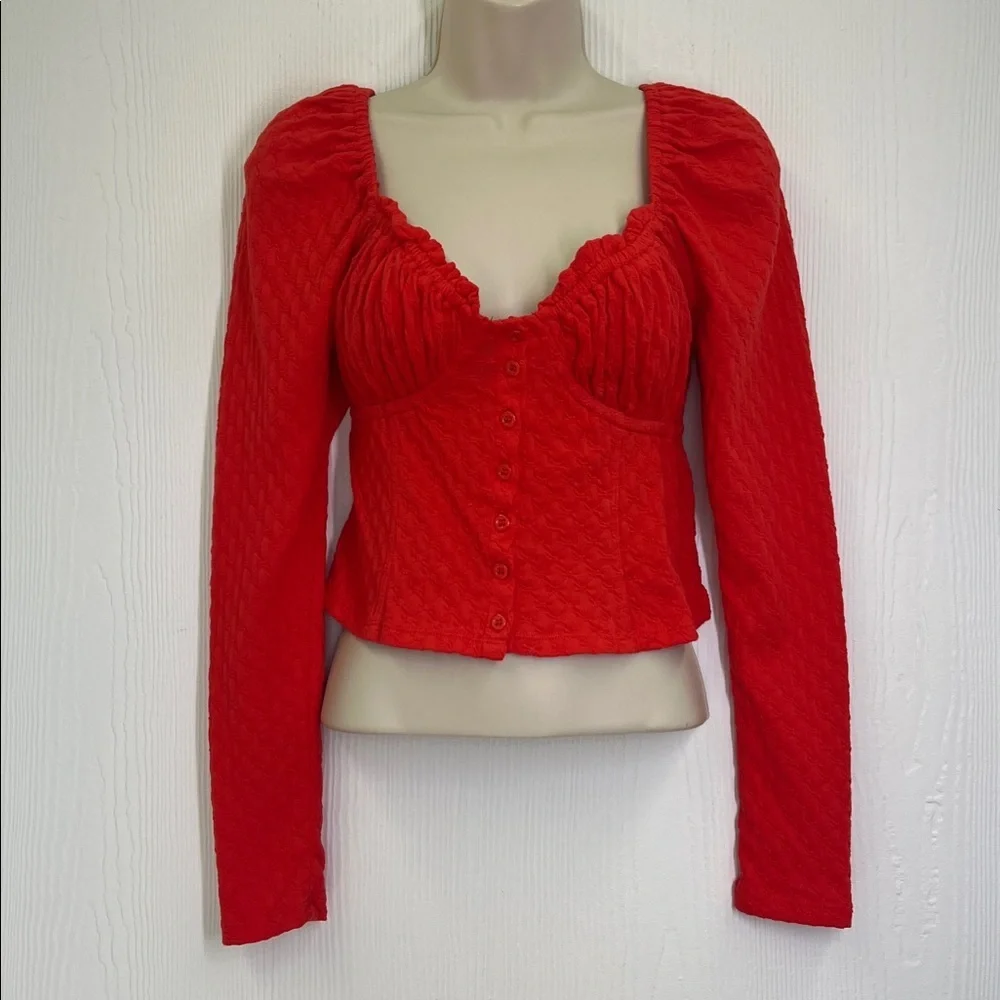 Free People - Ladybug Red Button Sweetheart Neckline Long Sleeve Crop Top SZ S